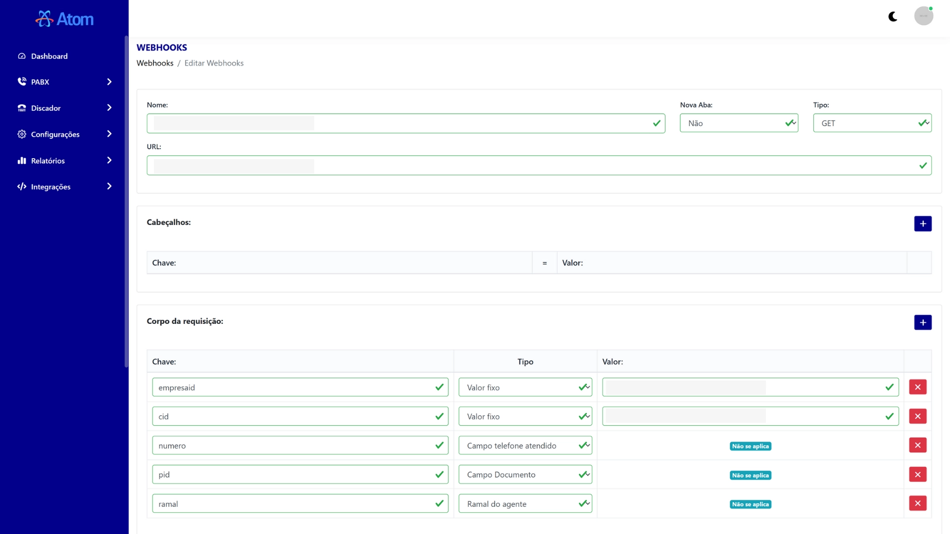 Plataforma da Atom Voip - Tela 1