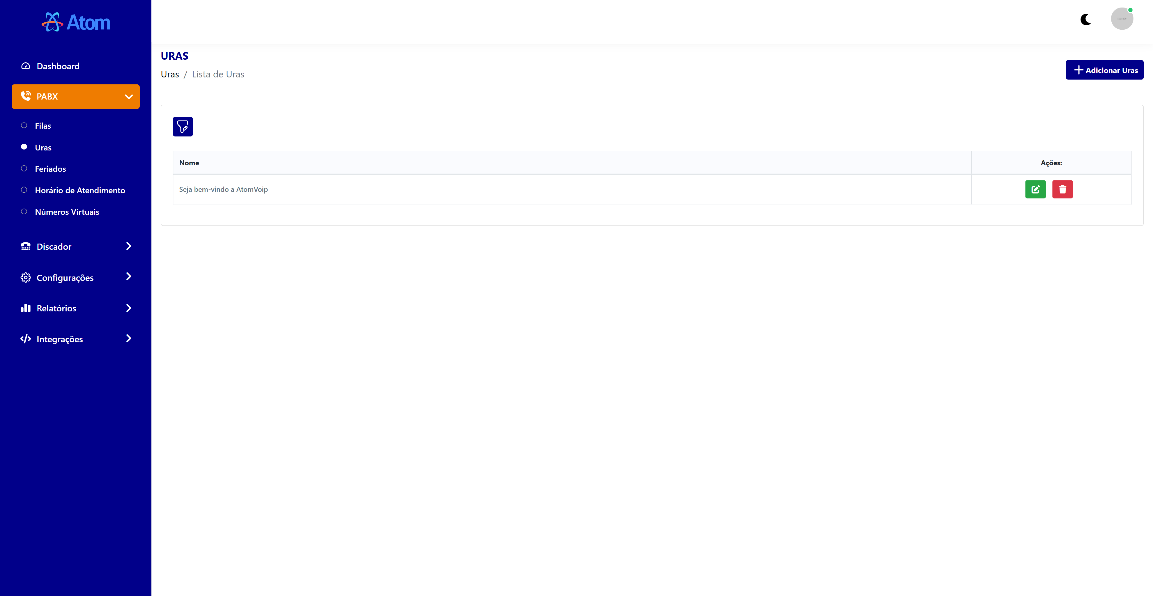 Plataforma da Atom Voip - Tela 1